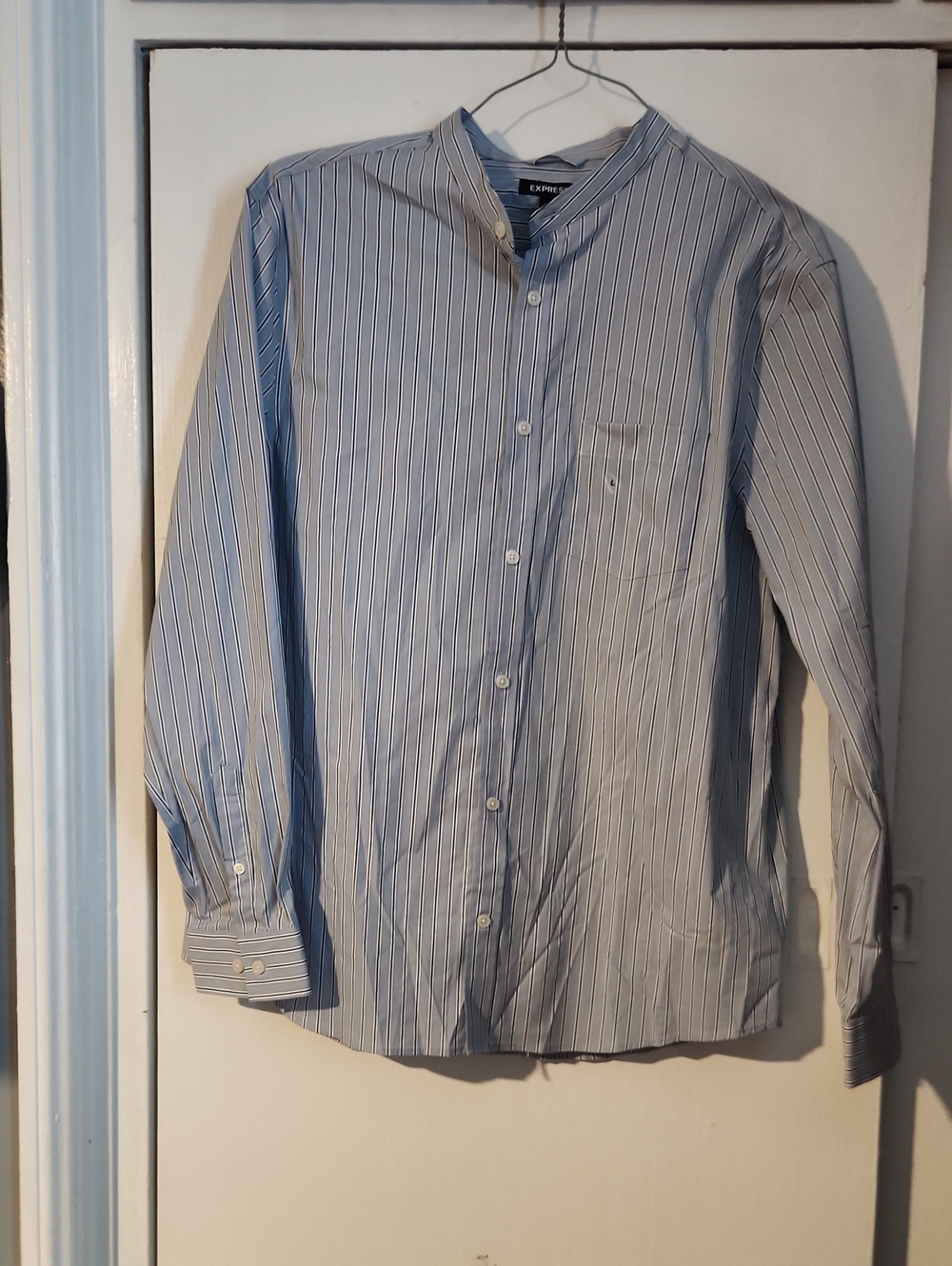 Express Men’s Light Blue and White Striped Band-Collar Shirt